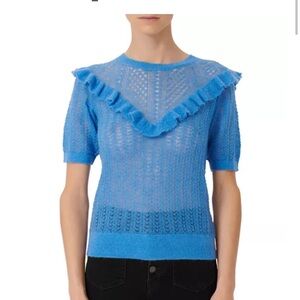 Maje Mohair Openwork Knit Sweater with Ruffles Light Blue Knit Top SZ 2 Small